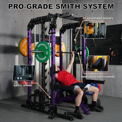Smith Machine Home Gym with Aluminum Pulley Set- 2000lbs Capacity All-in-One Power Rack with Cable Crossover, Pull-Up Bar & Dip Station, Includes 18 Attachments, P107 Anvil