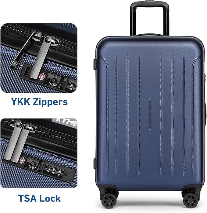 KYME Suitcase Hardshell With Double Spinner Wheels, PC+ABS TSA Lock Travel Luggage (Navy Blue, 2Pcs Set(20"/24"))