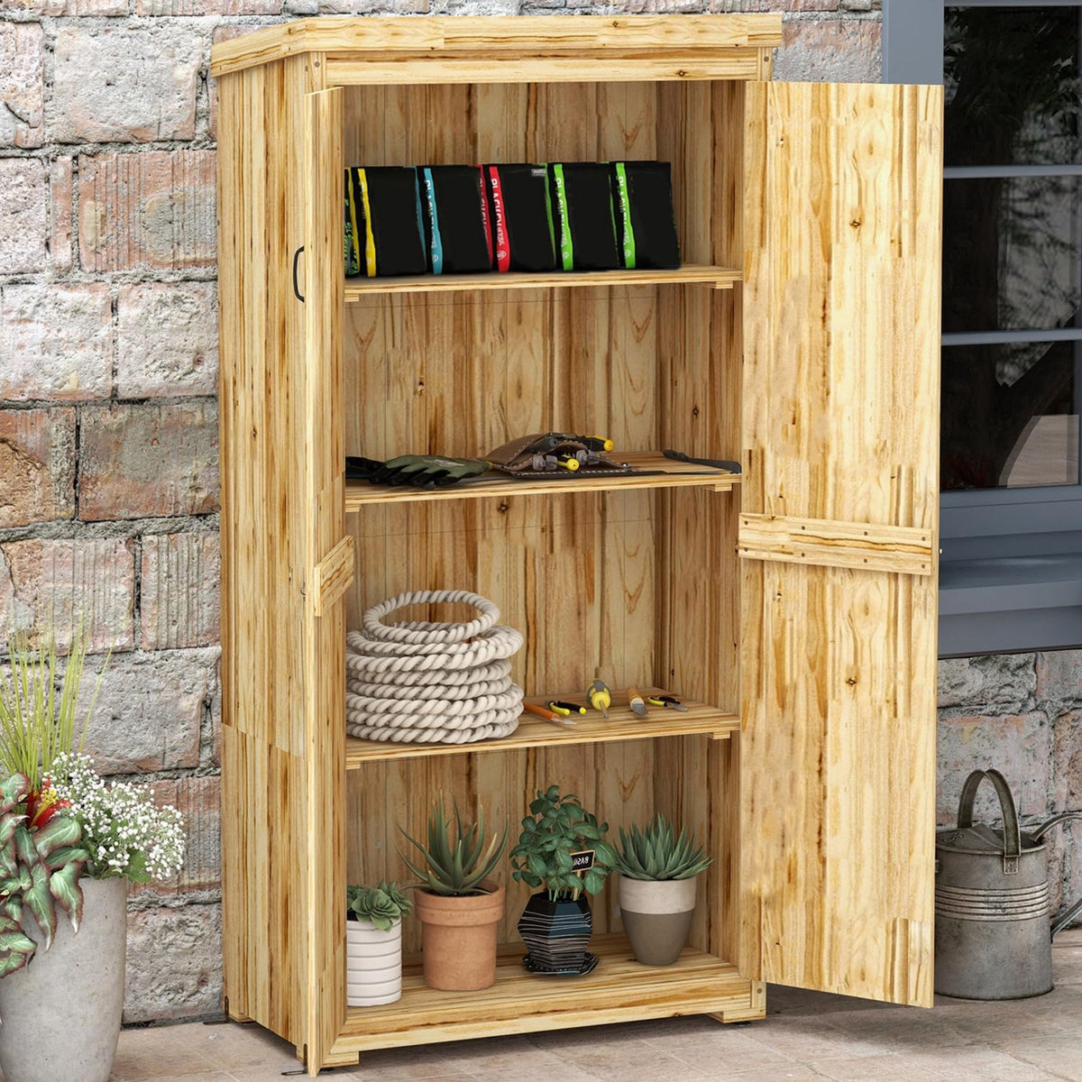 Wooden Garden Shed, Outdoor Storage Cabinet with Waterproof Galvanized Metal Roof, Narrow Tool Shed with 3 Shelves and Lockable Door, Natural