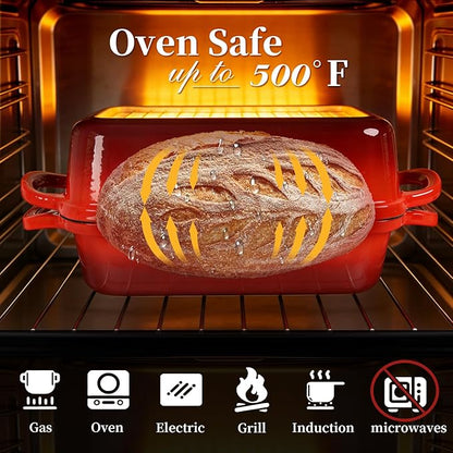 FUNKYLEE Enameled Cast Iron Bread Pan with Lid, 2-in-1 Loaf Pan for Baking Bread 8.5x4.5, Professional Sourdough Bread Pan for Homemade Bread, Set of 2, Red