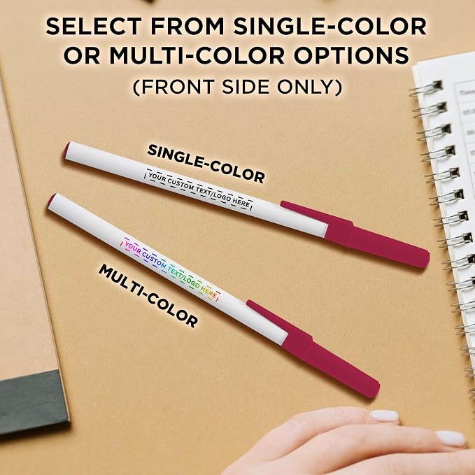 DISCOUNT PROMOS Custom Value Stick Pens Set of 100, Personalized Bulk Pack - Blue Ink, Great for Office, School, Business, Tradeshows, Events - Burgundy Cap