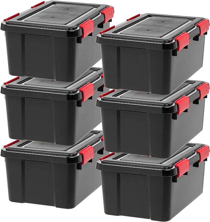 IRIS USA WeatherPro 19 Qt Storage Bins with Lids, 6 Pack, BPA-Free Plastic Gasket Box with Tight Latch and Seal, Stackable Nestable Tote Tub - Black/Red
