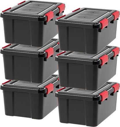 IRIS USA WeatherPro 19 Qt Storage Bins with Lids, 6 Pack, BPA-Free Plastic Gasket Box with Tight Latch and Seal, Stackable Nestable Tote Tub - Black/Red
