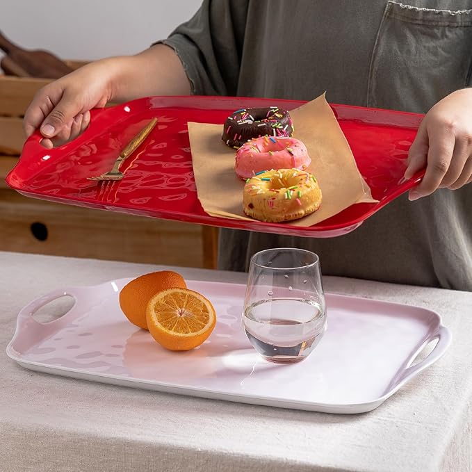 LEHAHA Large Christmas Melamine Serving Tray with Handles, Rectangular Serving Platter, Set of 2, 19''x12'' Turkey/Barbecue/Food/Grilling Prep and ServeTray. Bright White and Christmas Red