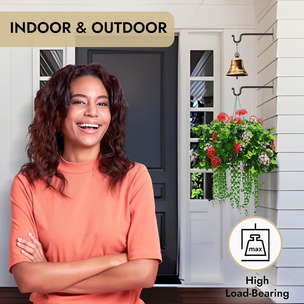 RTZEN Plant Hangers Outdoor or Indoor - Wrought Iron Metal Hanger Indoor Hook - Heavy Duty Wall Bracket Hooks for Hanging Plants Baskets Lanterns Wind Chimes - 2 Pack (Black Shepherds Hooks)