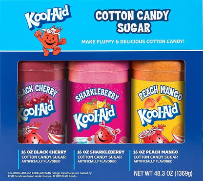 Nostalgia Kool-Aid Cotton Candy Variety Kit – 3 Flossing Sugar Flavors (Black Cherry, Sharkleberry, Peach Mango) – 7-oz Bottles – Compatible with Cotton Candy Makers – Party Supplies