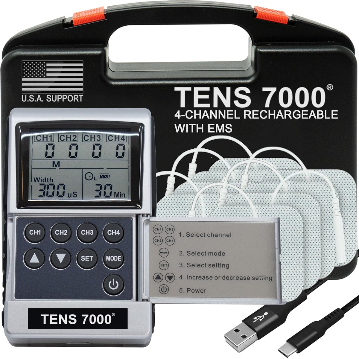TENS 7000 Pro Rechargeable Tens Unit Muscle Stimulator, 4 Channels, Back Pain Relief, 8 Electrodes/Unit Pads, EMS and TENS Machine, Muscle Recovery & Growth, Stim Machine, Electrotherapy
