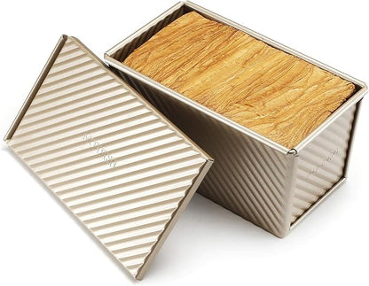 monfish Pullman Loaf Pan w Cover Bread Toast Mold corrugated loaf Pan w lid 1lb dough Alluminumed Steel Non Stick Gold (8.5X4.75X4.375INCH)