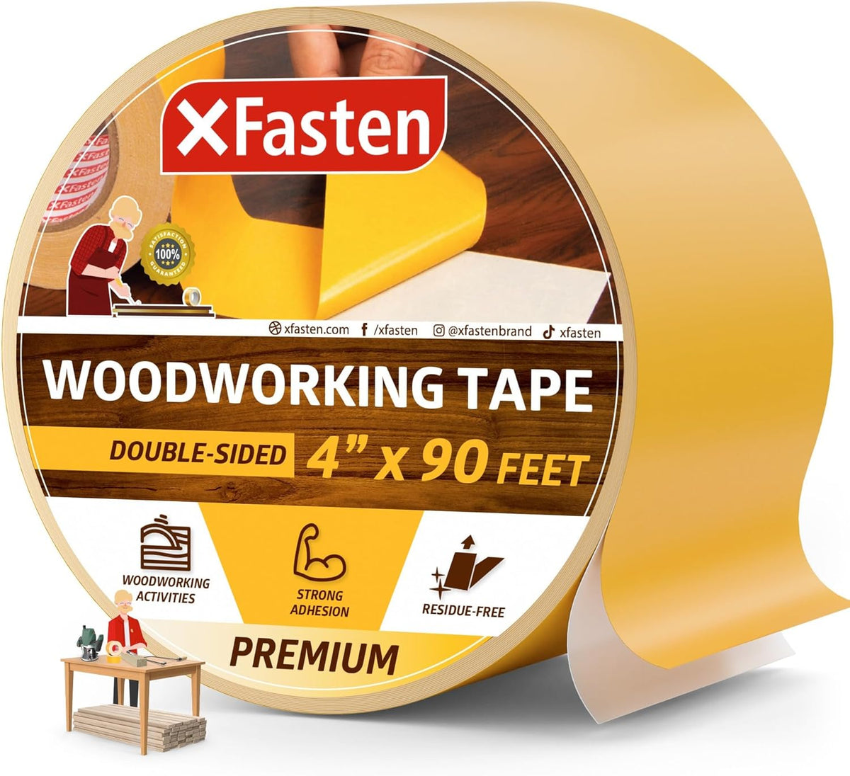 XFasten Double Sided Woodworking Tape 4 Inches x 90 Feet, Residue-Free and Removable Double Sided Wood Mounting Boards, Masking Tape for Wood Template, MDF, Metal, Edge Banding, Routing, Anchoring