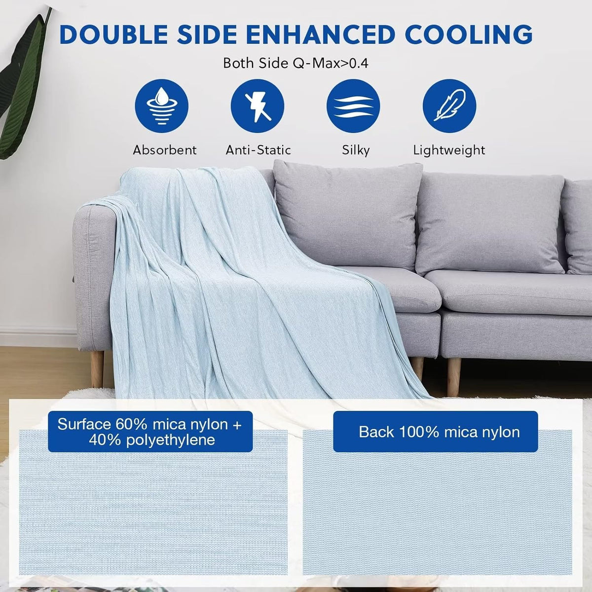 HOMFINE Cooling Blankets for Hot Sleepers - Summer Blanket Thin Lightweight Breathable Soft Double Side Enhanced Cooling Blanket for Bed Sofa, Keep Cool for Night Sweats (Light Blue, 60 x 80 inches)