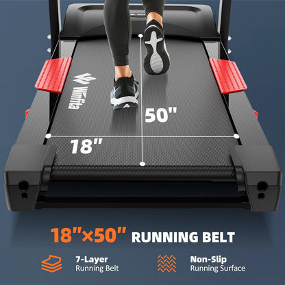 Treadmill with Incline, 300 LBS Capacity, 8 MPH or 10 MPH Speed, Bluetooth, App, Pause Function, Folding Treadmills for Home with 64 Programs, 17'' or 18'' Wide Belt, Heart Rate, BMI Detector
