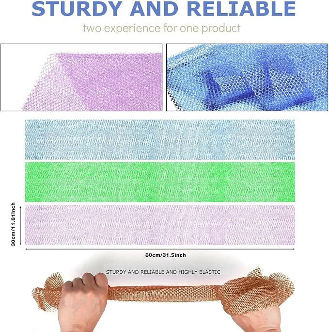UJFQBH 3 Pieces African exfoliating net African Net Long Net Bath Sponge Exfoliating Shower Body Scrubber Back Scrubber Skin Smoother,Great for Daily Use (Purple, Blue, Green)