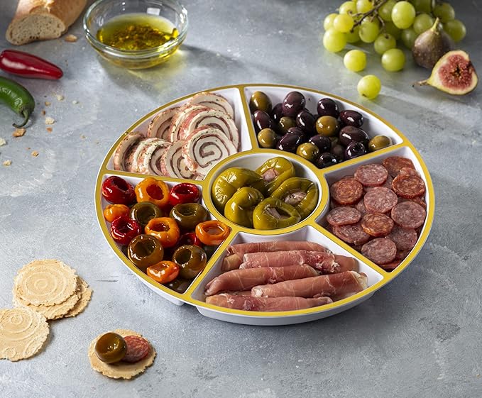 Plasticpro 6 Sectional Round Plastic Serving Tray/Platter (8, White & Gold)