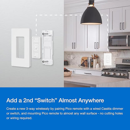 Lutron Caseta 3 Way Smart Dimmer Light Switch Kit, Includes Pico Remote, Bracket, and LED Dimmer Switch, No Neutral Required, P-PKG1WB-WH