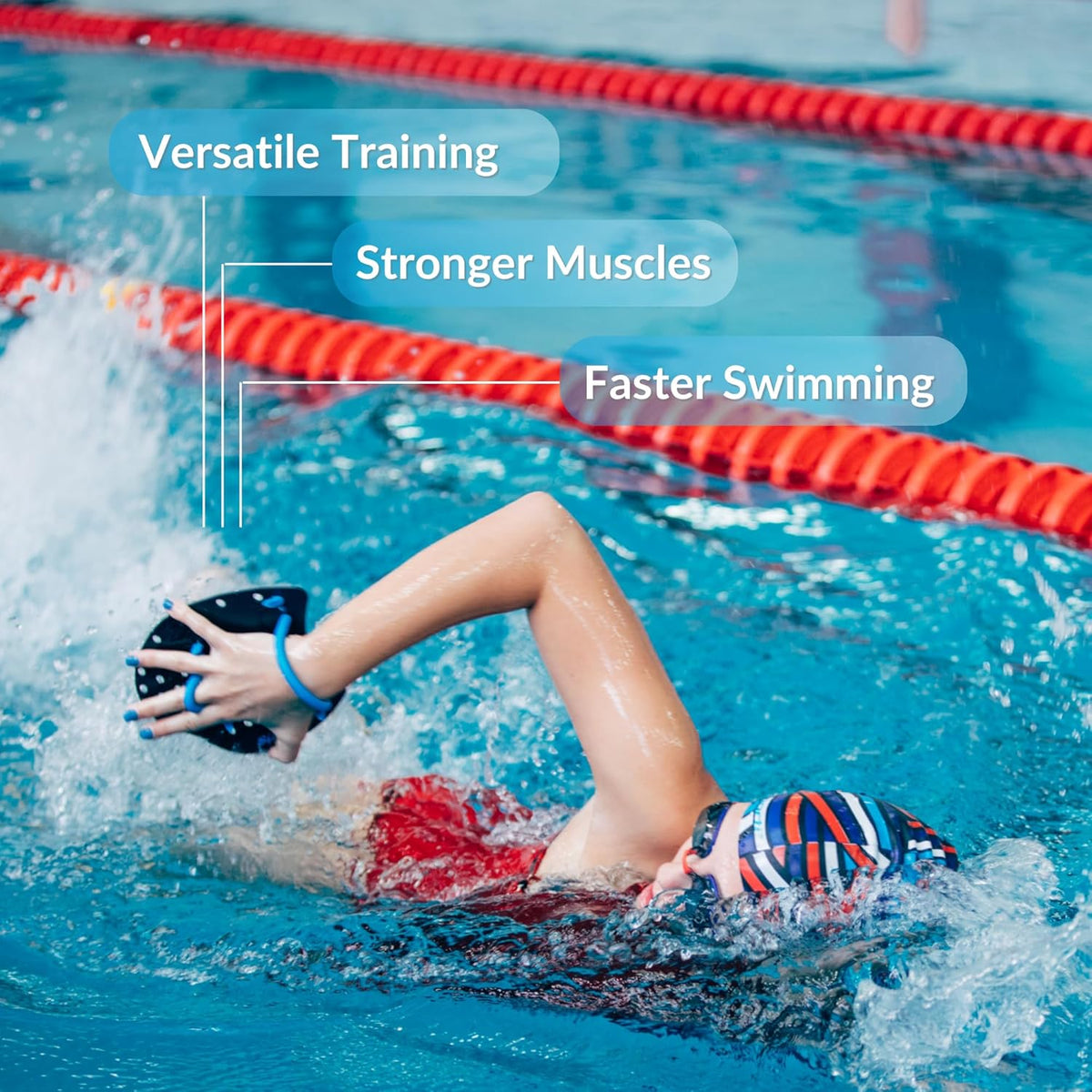 𝗦𝗽𝗼𝗿𝘁𝗶 Power Swim Paddles for Lap Swimming - Adjustable Straps - Lap Swimming Gears - Hand Paddles for Adults & Kids