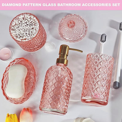 Pink Bathroom Accessories Set, 4Pcs Clear Glass Bathroom Sets Accessories, Lotion Soap Dispenser, Toothbrush Holder Set, Soap Dish, Qtip Holder for Vintage Christmas Bath Decor, Gift Set
