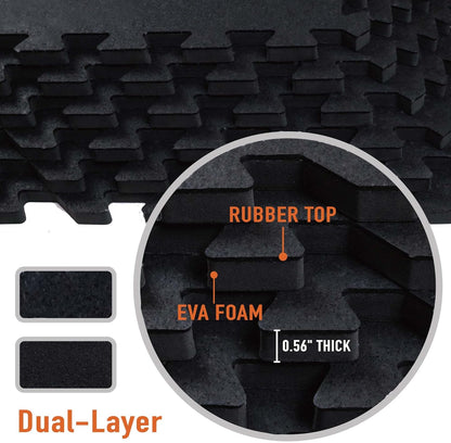 AIRHOP 0.56in Thick 48 Sq Ft Exercise Equipment Mats, 12 Tiles Upgraded Rubber Top with High Density EVA Foam, Large Interlocking Puzzle Gym Flooring for Home Gym, Heavy Weight Workout,Black