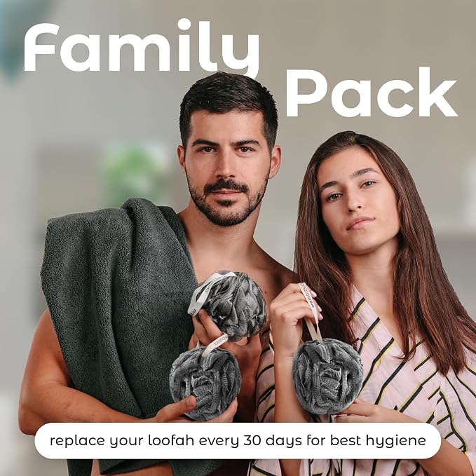 MainBasics Charcoal Infused Bath Shower Loofah Sponge Pouf Body Wash Scrubber (Set of 3)