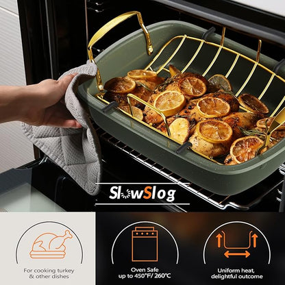 Nonstick Roasting Pan, 17 Inch x 13 Inch Large Roaster Pan with Removable Rack, Roaster for Roasting Turkey, Meat & Vegetables (Green）