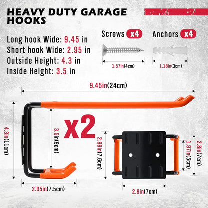 2-Piece 9.4" Heavy Duty Garage Hooks, Sturdy Utility Hooks Holds 55 LB Wall Mount Garden Tool Organizer Hangers for Hanging Shovel Ladder Chairs Strollers Power Tool Tire and More (Orange)