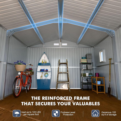 Metal Shed 10x12x7 FT, Sheds Outdoor Storage with Reinforcement, Natural Lighting Tool Sheds with Translucent Roof Panels, Windows, and Lockable Doors, Ideal for Garden, Backyard, and Patio