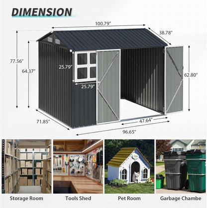 Verano Garden 8x6FT Outdoor Storage Shed, Galvanized Steel Metal Garden Shed with Large Window, Lockable Double Door, Outdoor Tool Shed for Backyard, Patio, Lawn(96.65"x71.85"x77.56")