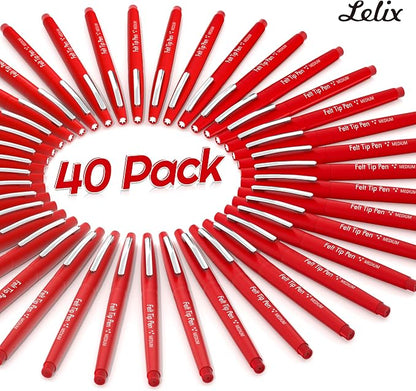 Lelix Felt Tip Pens, 40 Red Pack, 0.7mm Medium Point, Felt Tip Markers Pens for Journaling, Writing, Note Taking, Planner, Perfect for School Office and Art Supplies