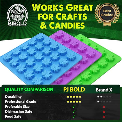 PJ BOLD Marijuana Leaf Gummy Molds Silicone Candy Mold Kit - 3 Pack