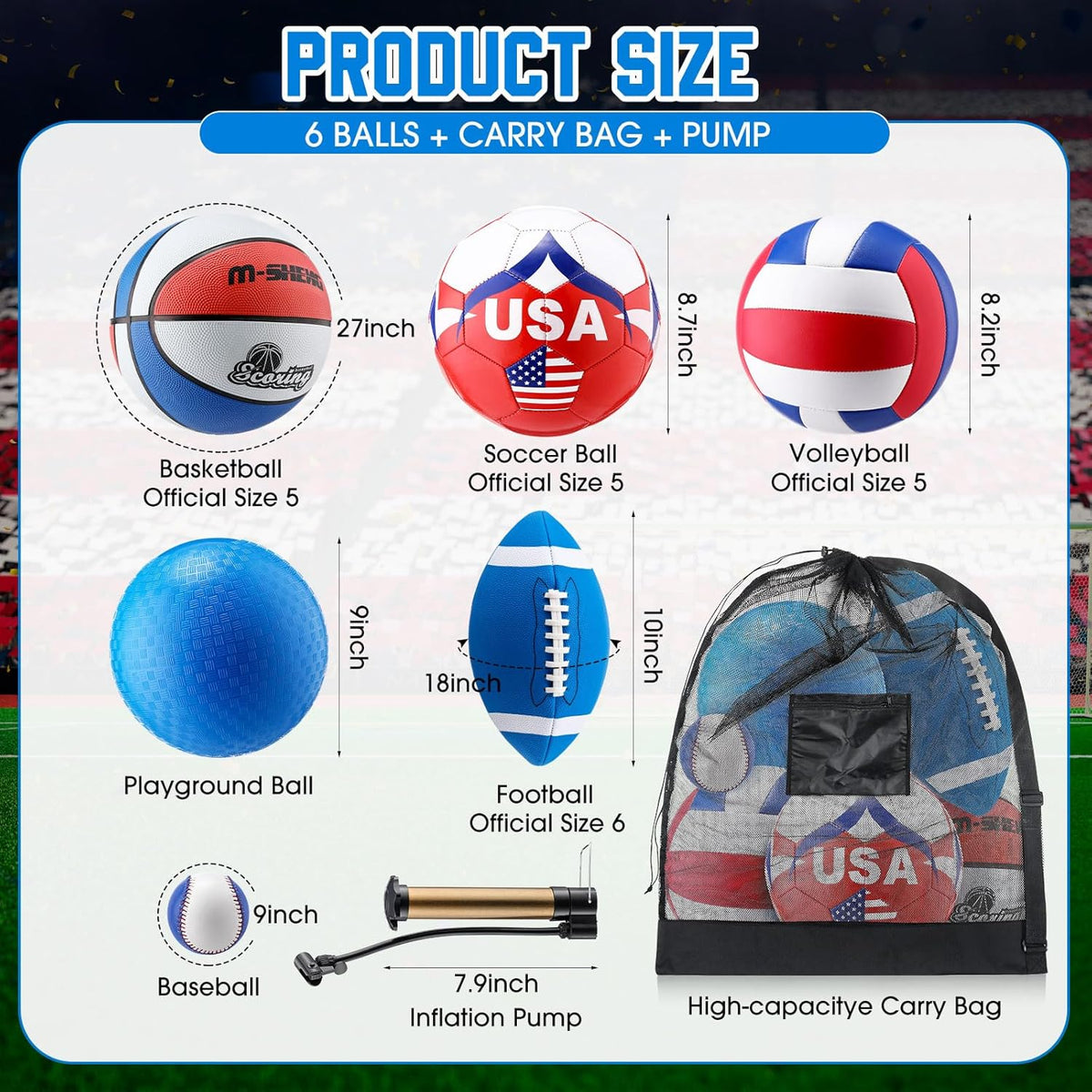 6 Pcs Multi Sport Ball Set Official Size Football, Basketball, Soccer, Volleyball, Playground Ball, Baseball with Equipment Bag Pump for Teen Adult Sport Gift Back to School