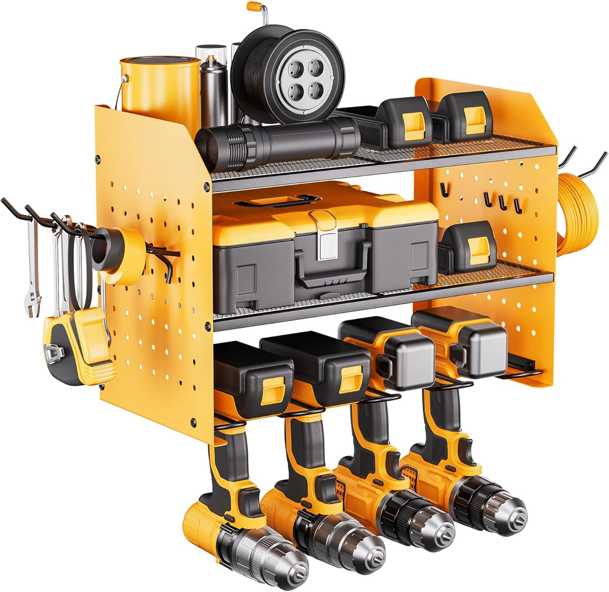 TRZZ Power Tool Organizer Wall Mount, 3-Layer Drill Holder with 2 Side Pegboards, Cordless Drill Rack with 4 Hooks, Efficient Storage for Workshop, Garage, and Tool Room (Yellow)