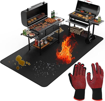 Large 60 x 40 inches Under Grill Mats for Outdoor Grill with BBQ Gloves, Double-Sided Fireproof Grill Pad Mat, Indoor Fireplace/Fire Pit Mat, Waterproof Oil-Proof Protector for Decks and Patios