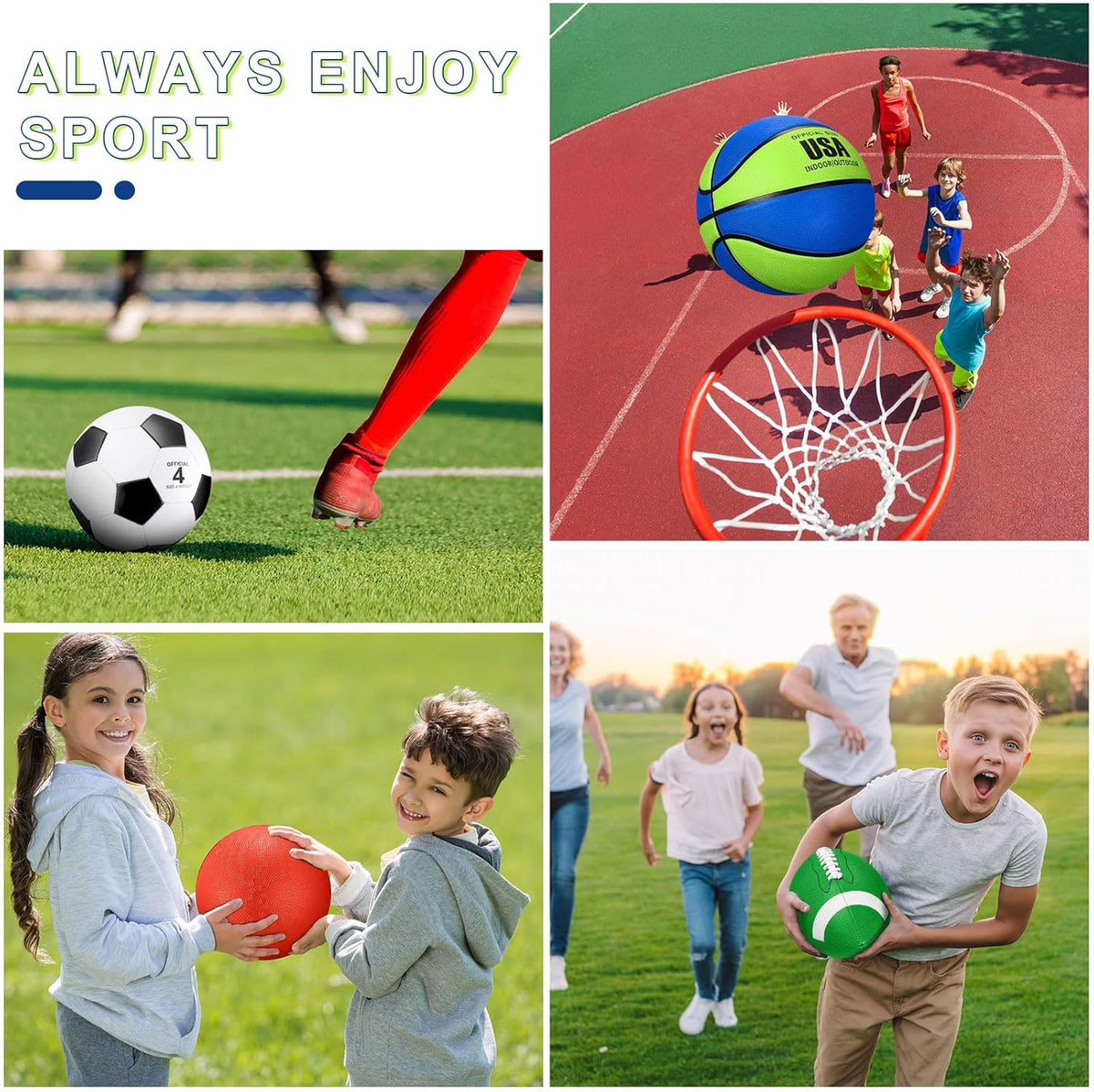 Deekin 4 Pcs Sport Balls Set for Kids Teens, Include Official Size 5 Basketball 4 Soccer 6 Football Playground Ball and Pump Sports Equipment Bag Recess Equipment Sport for Students(Navy Blue, Green)