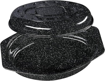 Granite Ware 13-inch oval roaster with Lid. Enameled steel design to accommodate up to 7 lb poultry/roast. Resists up to 932°F. Ideal for preparing meals for two!