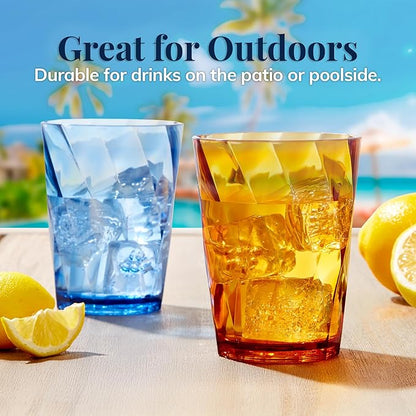US Acrylic Optix Plastic Reusable Drinking Glasses (Set of 8) 14oz Rocks Cups in Jewel Tone Colors | BPA-Free Tumblers, Made in USA | Top-Rack Dishwasher Safe