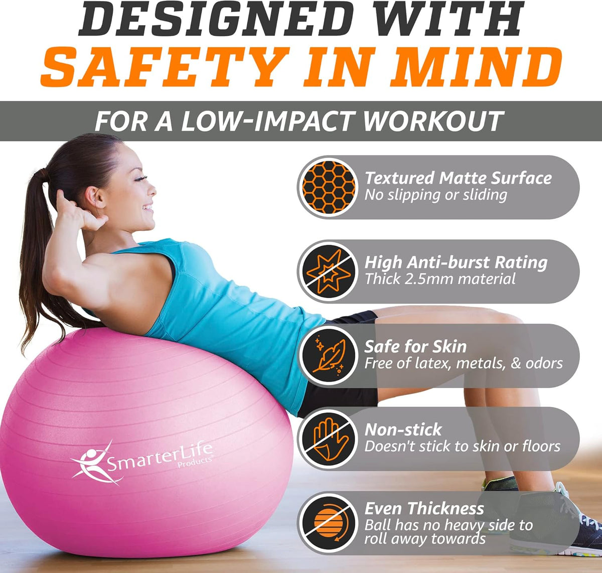SmarterLife Exercise Ball Yoga Ball for Fitness, Balance, Stability, or Pregnancy, Gym Ball for Core Workout, Physical Therapy, Yoga Ball Chair for Office, Anti-Slip Anti-Burst