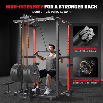 ARMAC Power Cage,1500lbs Multi-Function Power Rack with Adjustable Cable Crossover System and More Training Attachment, Weight Cage for Home Gym