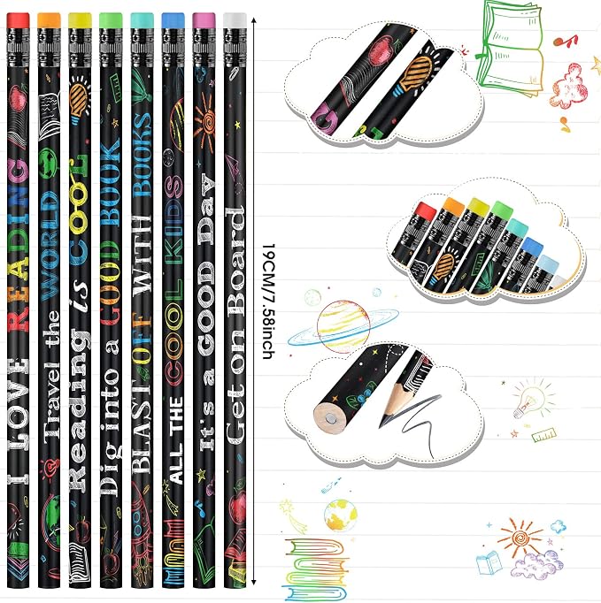 Pasimy 120 Pcs Reading Motivational Pencils Bulk Black Novelty Wooden Pencils with Eraser Classroom Inspirational Pen with Sayings for Kids Student Teacher School Reward Gifts Stationery Party