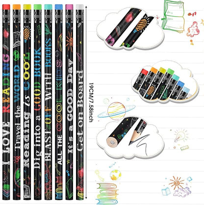 Pasimy 120 Pcs Reading Motivational Pencils Bulk Black Novelty Wooden Pencils with Eraser Classroom Inspirational Pen with Sayings for Kids Student Teacher School Reward Gifts Stationery Party