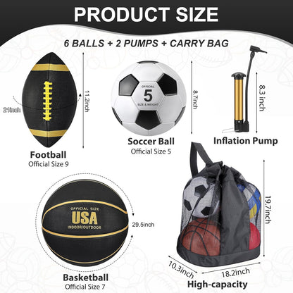Sratte 6 Pcs Sports Balls Set for Kids Teens Adults Official Size Football Soccer Basketball with Pump Sports Equipment Bag for Youth Training Practice Gift Back to School