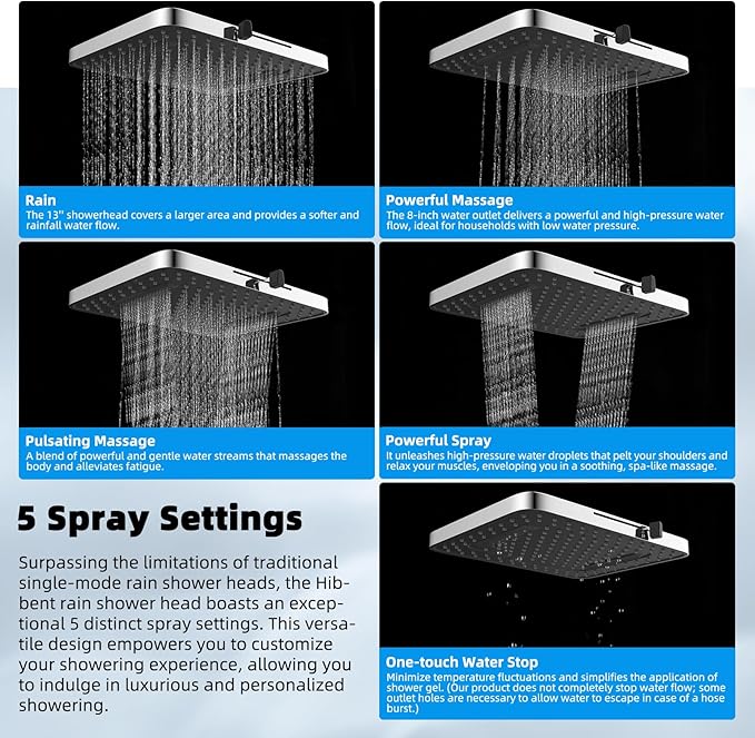 Hibbent Upgraded 5-spray 13'' Dual Filtered Rainfall Shower Head Combo, High Pressure 10-setting Handheld Shower Head with 12'' Adjustable Extension Arm, 20 Stage Shower Filter, 71'' Hose, Chrome