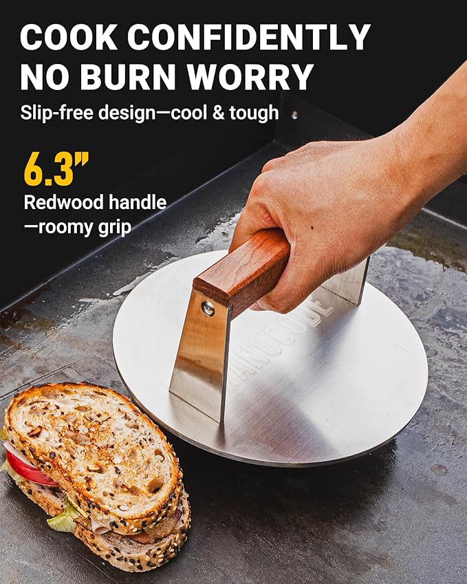 Smash Burger Press 8 Inch, 3.1 Lb Burger Smasher, Heatable for Searing Panini, Steak, Chicken, Salmon, Stainless Steel Bacon Press, Flat Bottom, Seasoning Free, Wooden Handle No Spin