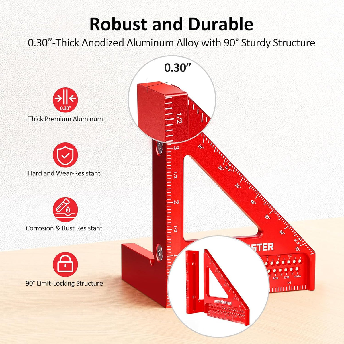 3.8＂Mini 3D Multi-Angle Measuring Square Ruler, WT102A High Precision Hole Scribing Woodworking Tools, 0-90° Aluminum Alloy Carpenter Square Wood Working Tools, Carpenter Pencils 6 Refills.