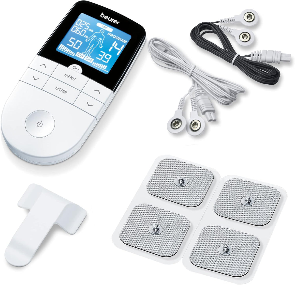 Beurer EM49 Digital TENS & EMS Device for Pain Relief and Muscle Stimulation, 15 TENS Programs, 35 EMS Programs, 2 Adjustable Channels with 4 Self-Adhesive Electrodes