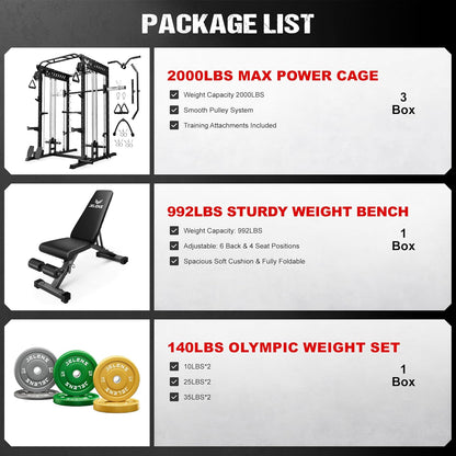 M21 Smith Machine, Multi-Function Power Cage with Dual Pulley Cable Crossover System, 2000LBS All-in-One Squat Rack with Smith Bar and Attachments
