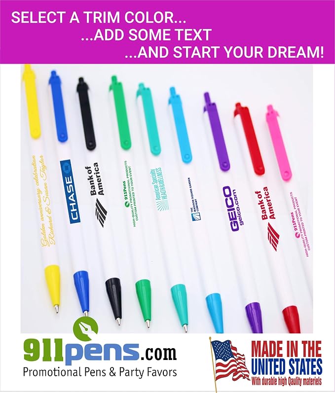 USA Made, Personalized Writing Ink Ballpoint Novelty Pens, Custom Printed with Your Logo & Text (Pack of 1,000 White Pens with Medium Green Trim)