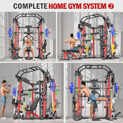 Smith Machine，Multi-Function Squat Rack Power Cage with Cable Crossover System,with Optional Weight Bench, Olympic Barbell Weight Set, for Home Gym
