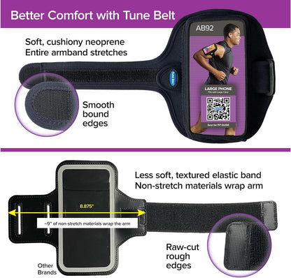Tune Belt AB92EX3 Running Armband for iPhone 16/15/14/13 Pro Max, Plus, Galaxy Ultra/Plus/Note – Fits Large Phone with Large Case, Phone Holder Includes EX3 Strap Extender for XL Biceps (Black)