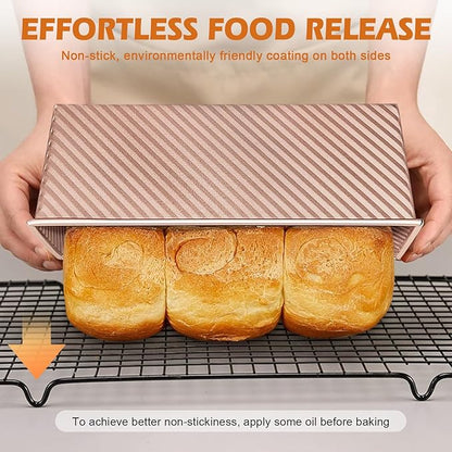 2Pack Loaf Pans with Lids – 2.2 LB & 1 LB Dough Capacity, Non-Stick Carbon Steel Bread Pans for Homemade Sandwich and Sourdough Bread, Corrugated Toast Mold