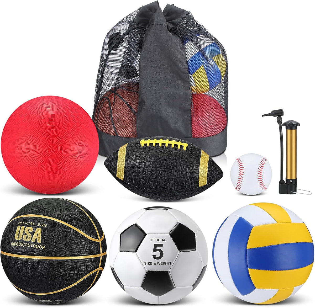 Libima 6 Pcs Multi Sport Ball Set Official Size Football, Basketball, Soccer, Volleyball, Playground Ball, Baseball with Sports Equipment Bag Pump for Teen Adult Christmas School Gift