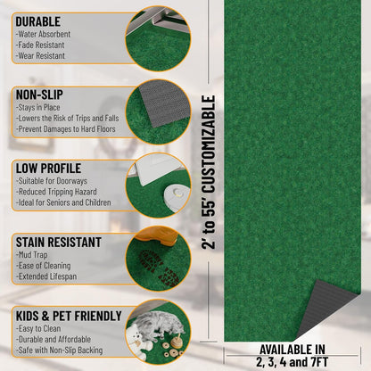Ottomanson 2' x 54' Hallway Runner with Scraper Pile Extra Durable Non-Slip Rug Mat for Indoor & Outdoor Use - Ideal for Kitchen, Entryway, Patio & Garage - High-Traffic Carpet, Green